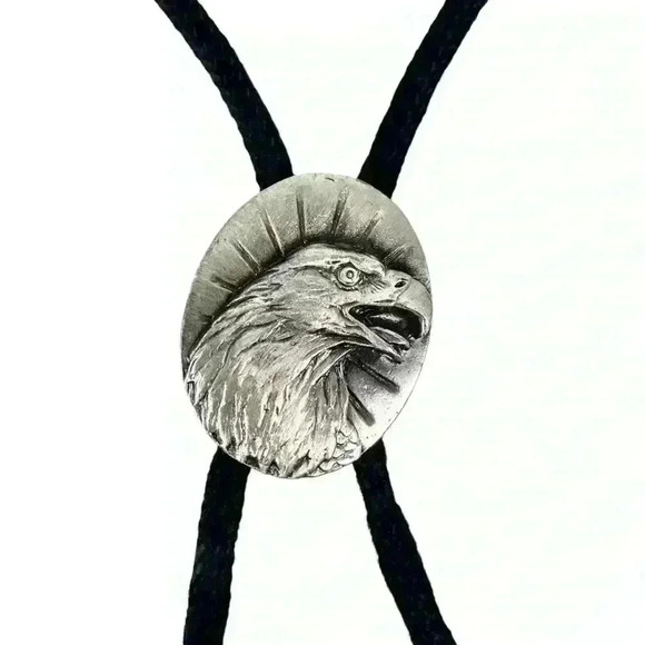 Jewelry - Boho Southwestern Black Bolo Tie -  Silver Metal Eagle Head, Retro Cowboy Style
